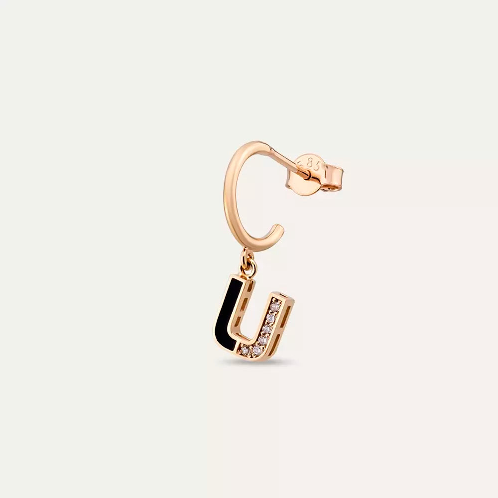 U Harf Siyah Mineli ve Pırlanta Taşlı Tek Küpe