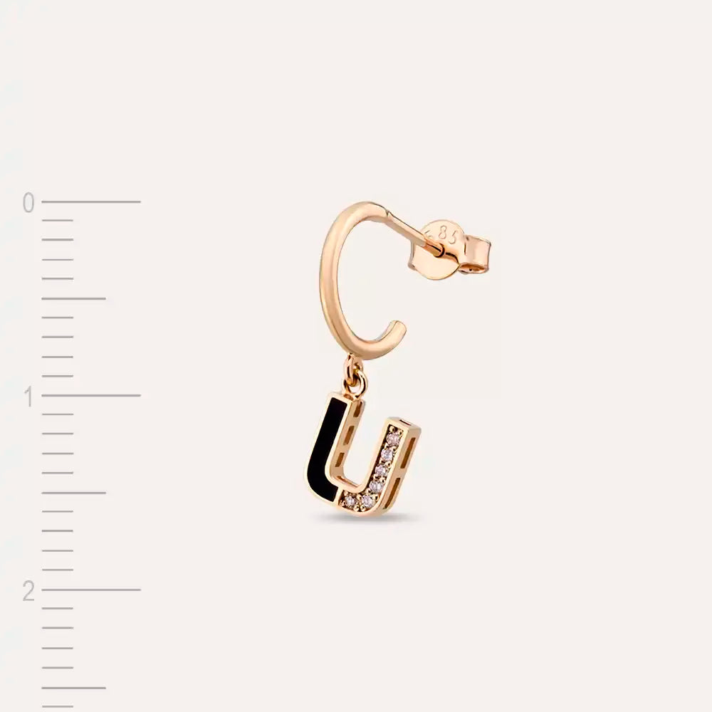 U Harf Siyah Mineli ve Pırlanta Taşlı Tek Küpe