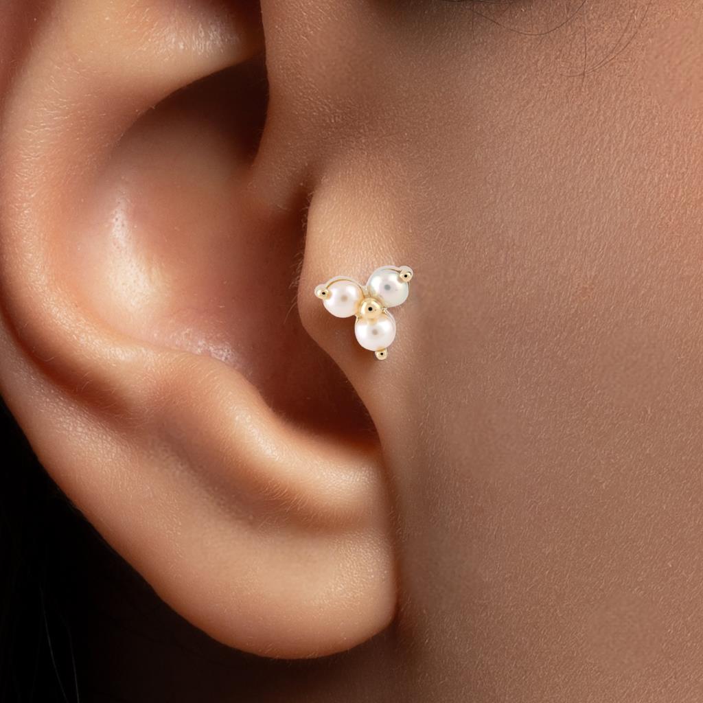 Üç Top İnci Taşlı Altın Tragus Piercing