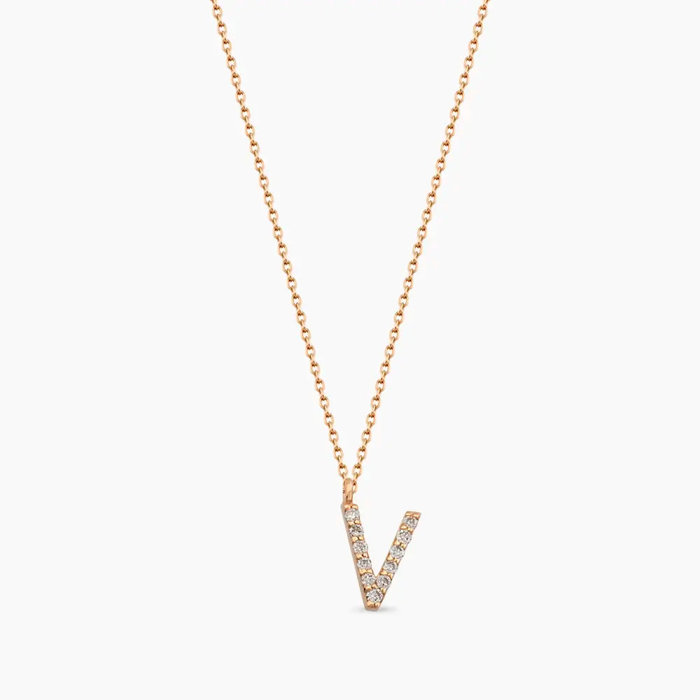 V Harf 0.08 CT Pırlanta Taşlı Rose Altın Kolye
