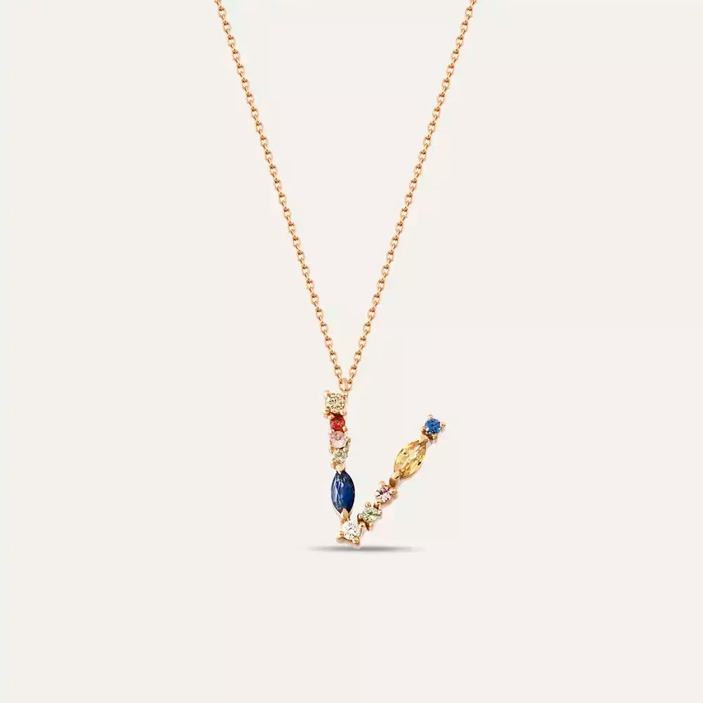 V Harf Brown Pırlanta ve Multicolor Safir Taşlı Rose Altın Kolye