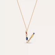 V Harf Brown Pırlanta ve Multicolor Safir Taşlı Rose Altın Kolye