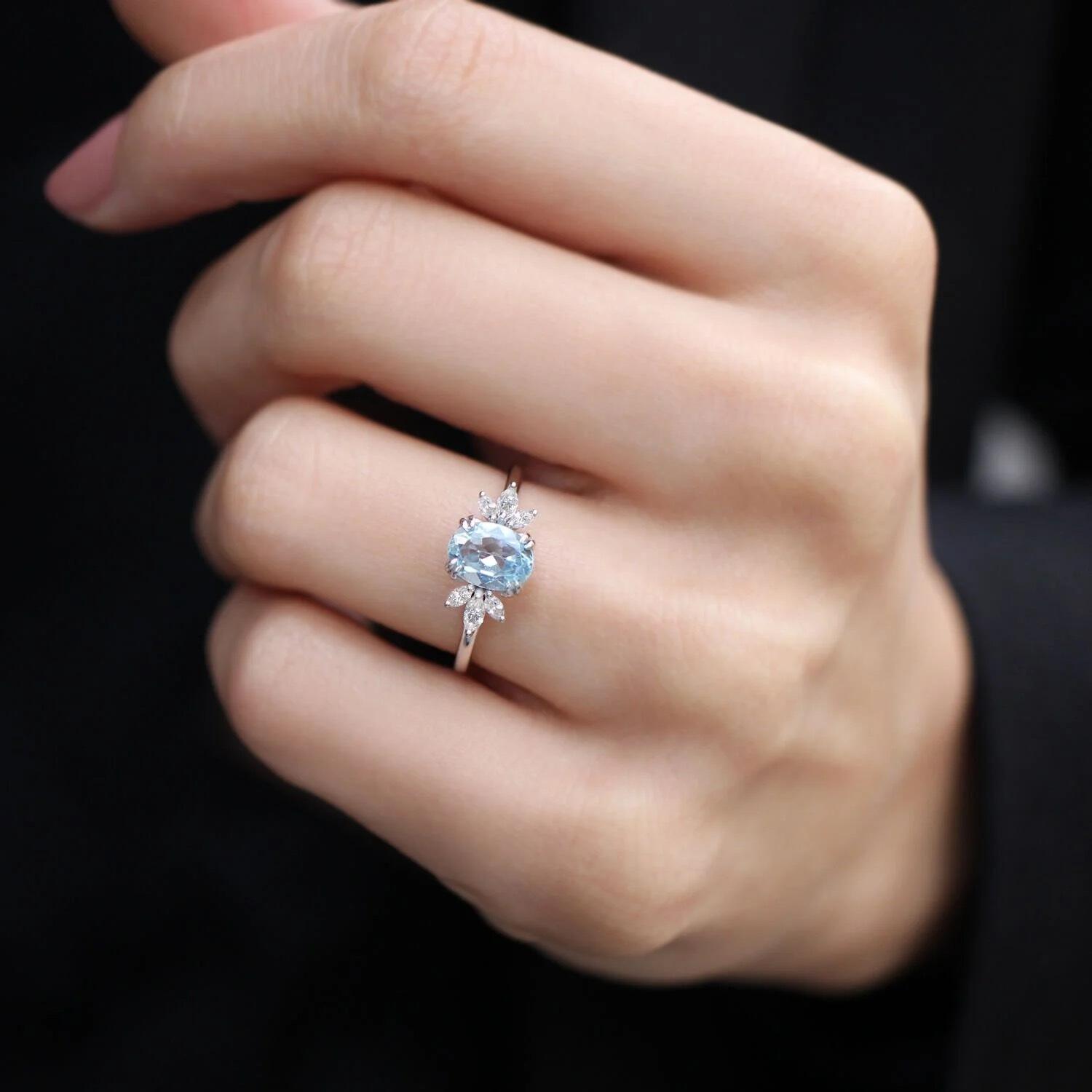 Vintage Lotus Aquamarine & Pırlanta Yüzük