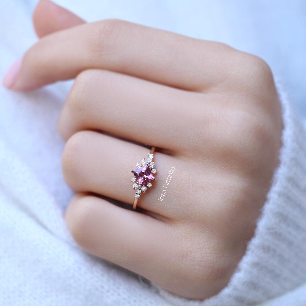 Vintage Prenses Pembe Turmalin & Pırlanta Yüzük