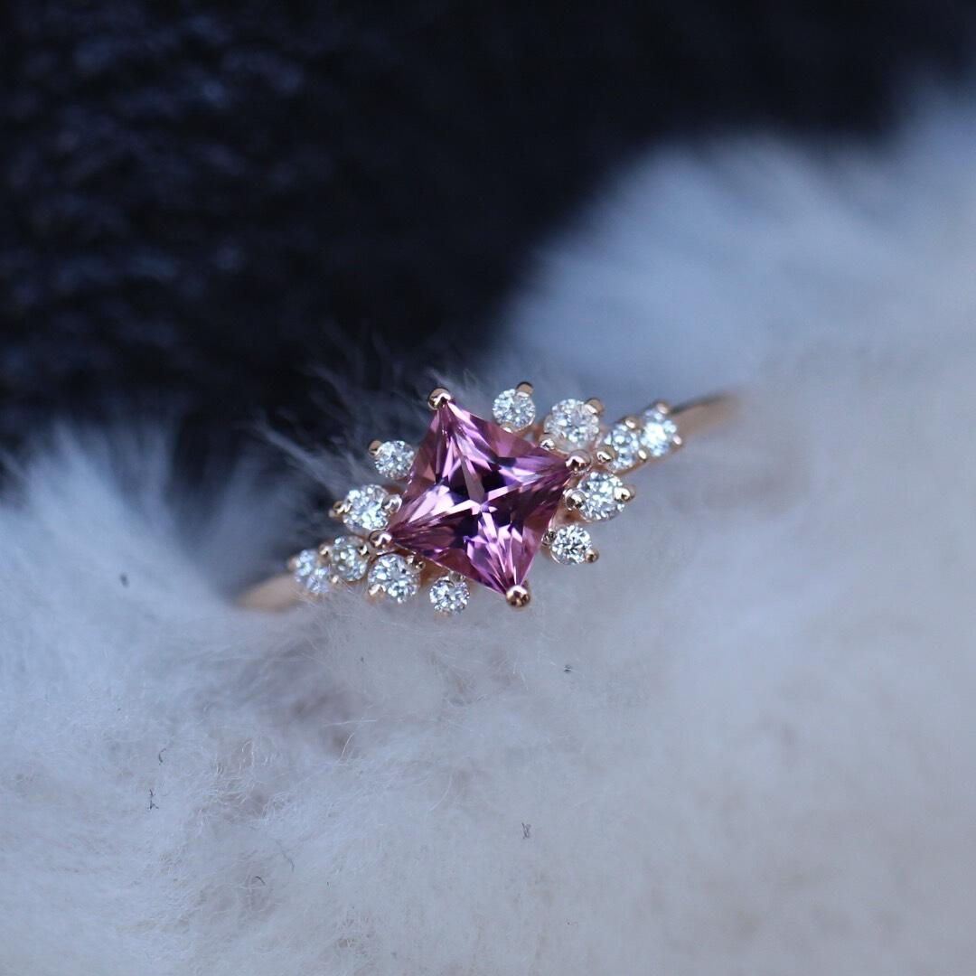 Vintage Prenses Pembe Turmalin & Pırlanta Yüzük