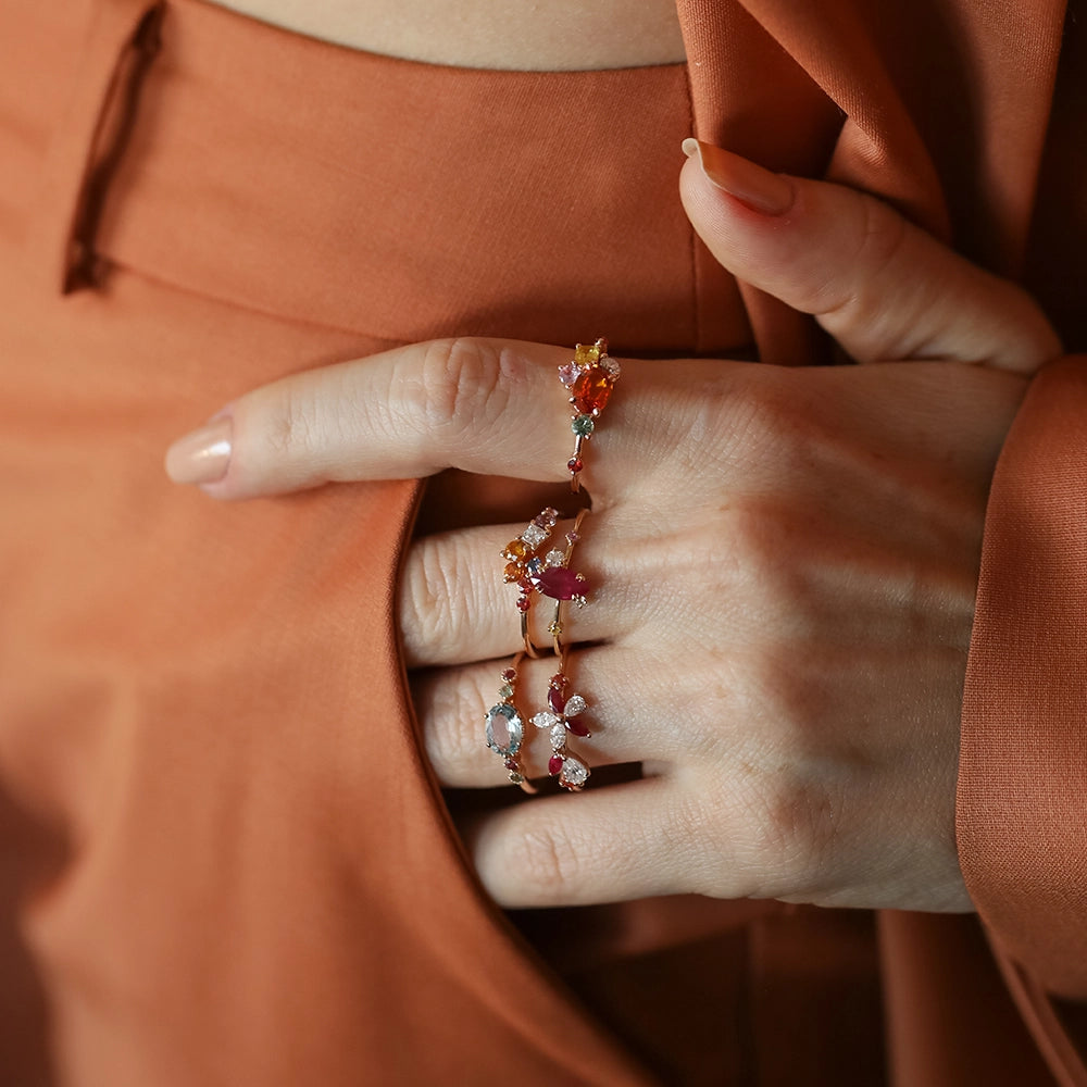 Violet Multicolor Safir ve Pırlanta Taşlı Rose Altın Yüzük