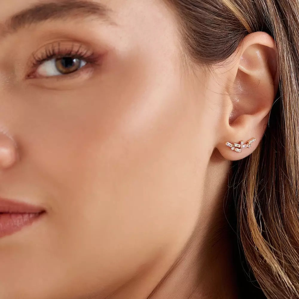 Viora Baget Kesim Pırlanta Taşlı Rose Altın Küpe