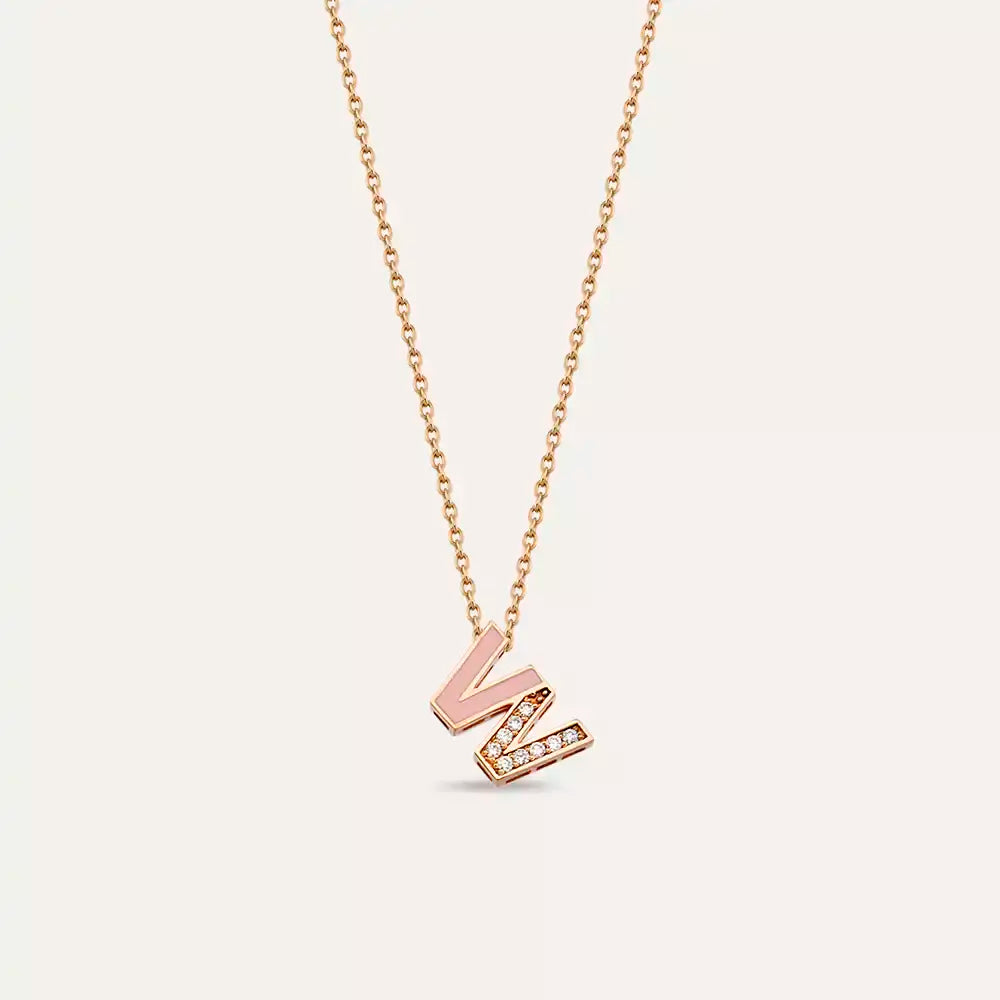 W Harf Pırlanta Taşlı ve Pembe Mineli Rose Altın Kolye