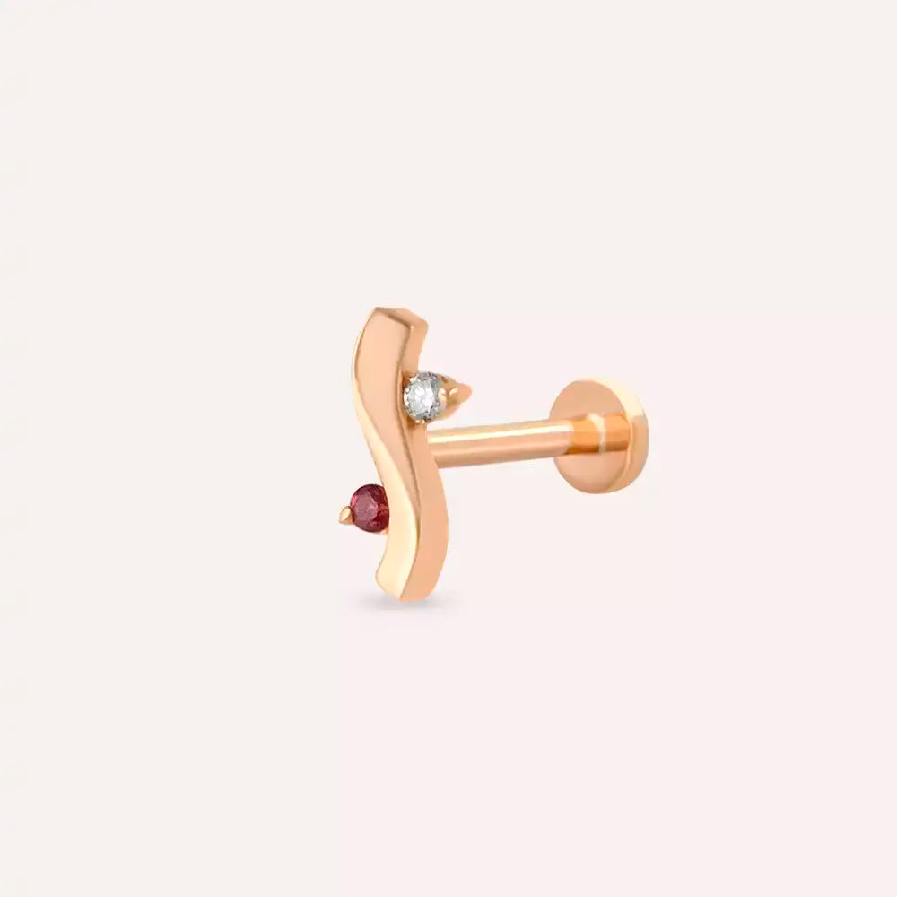 Wave Red Safir ve Pırlanta Taşlı Rose Altın Piercing