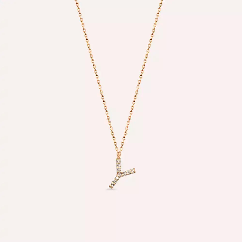 Y Harf 0.07 CT Pırlanta Taşlı Rose Altın Kolye
