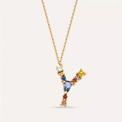 Y Harf Brown Pırlanta ve Multicolor Safir Taşlı Rose Altın Kolye