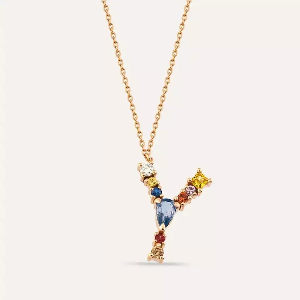 Y Harf Brown Pırlanta ve Multicolor Safir Taşlı Rose Altın Kolye