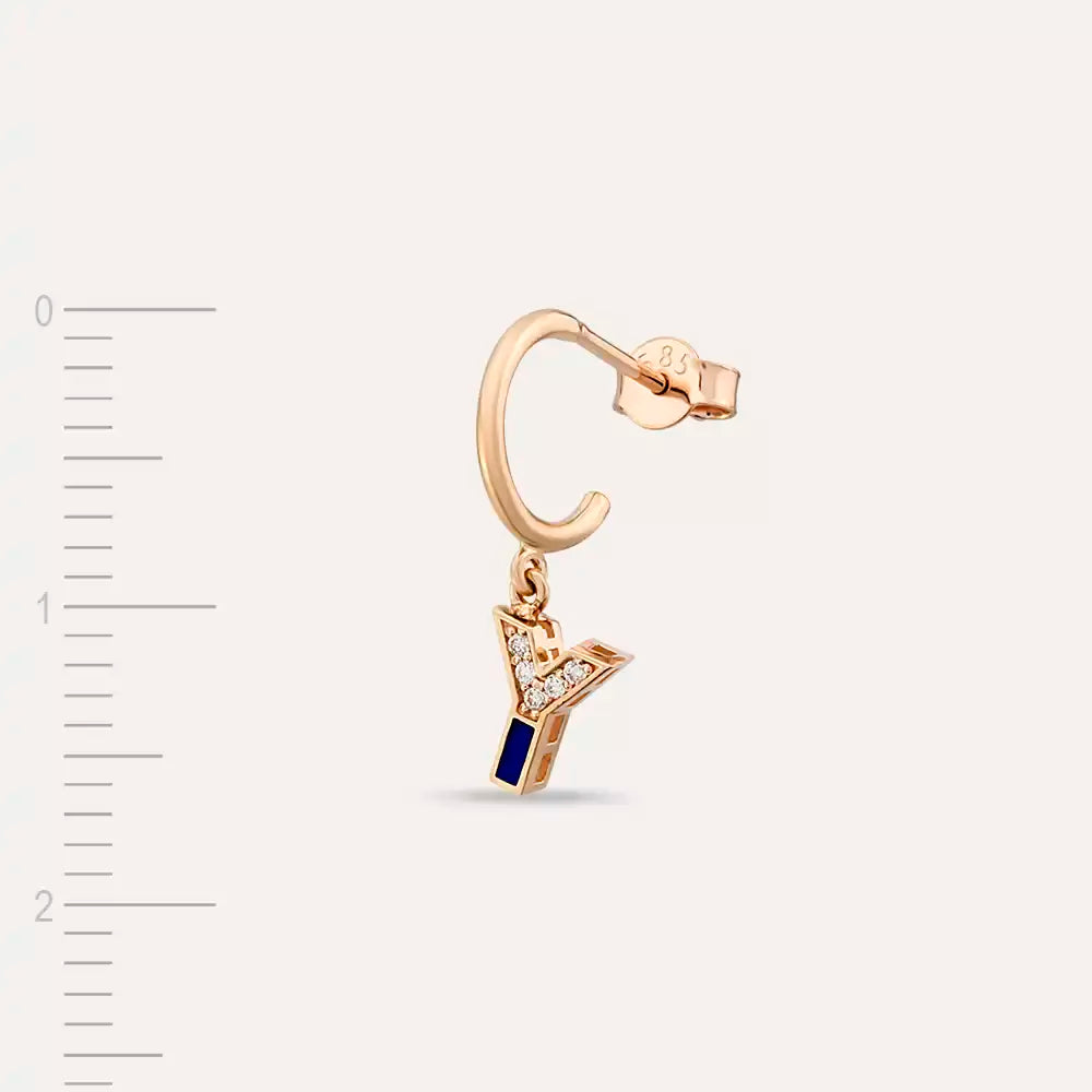 Y Harf Lacivert Mineli ve Pırlanta Taşlı Tek Küpe