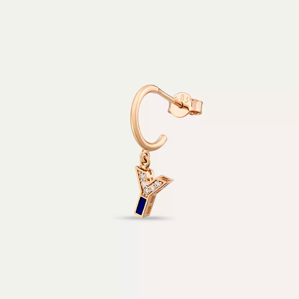 Y Harf Lacivert Mineli ve Pırlanta Taşlı Tek Küpe