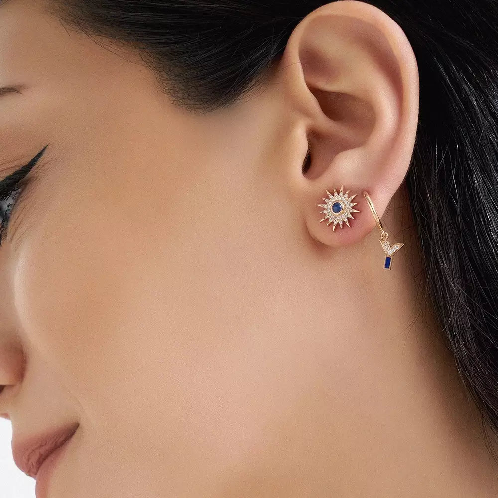 Y Harf Lacivert Mineli ve Pırlanta Taşlı Tek Küpe