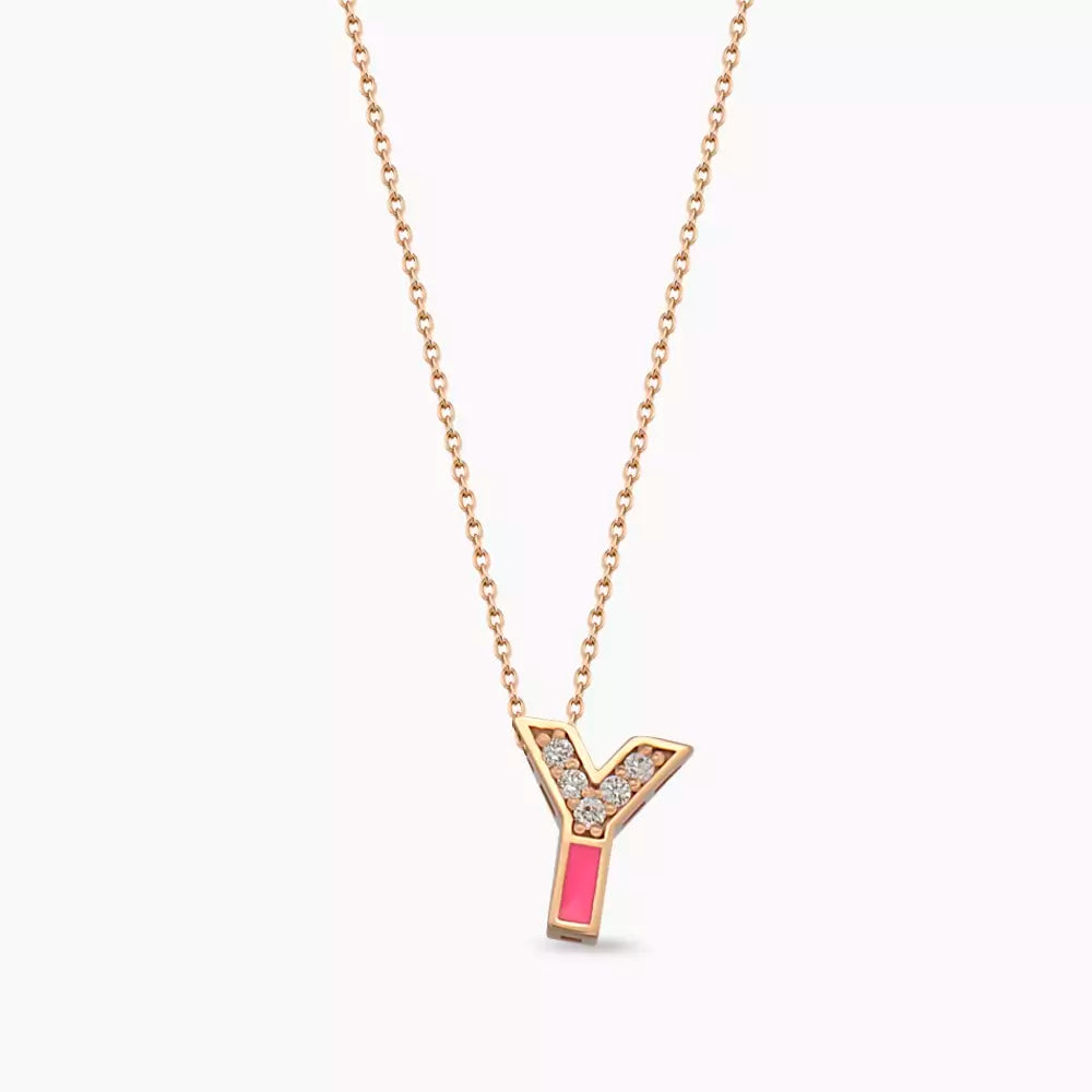 Y Harf Pırlanta Taşlı ve Pembe Mineli Rose Altın Kolye