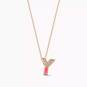 Y Harf Pırlanta Taşlı ve Pembe Mineli Rose Altın Kolye