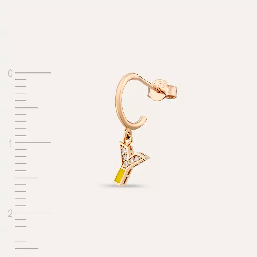 Y Harf Sarı Mineli ve Pırlanta Taşlı Tek Küpe