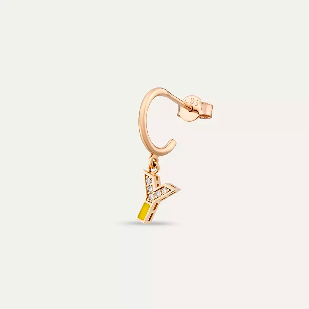 Y Harf Sarı Mineli ve Pırlanta Taşlı Tek Küpe