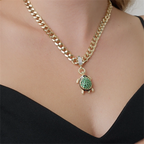 Yeşil Taşlı Kaplumbağa Kolye Ucu Charm