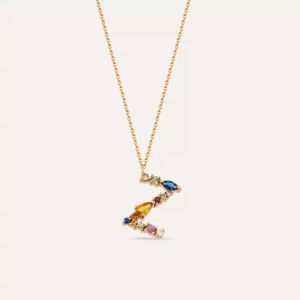 Z Harf Brown Pırlanta ve Multicolor Safir Taşlı Rose Altın Kolye
