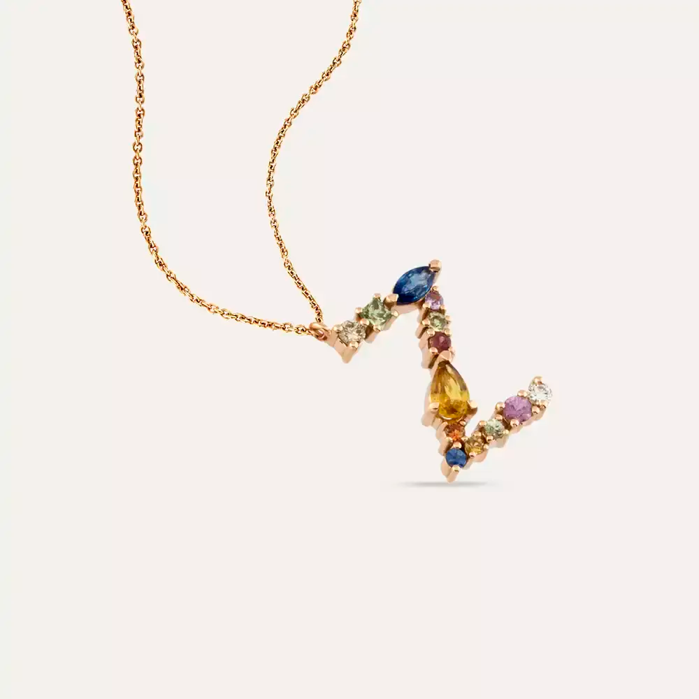 Z Harf Brown Pırlanta ve Multicolor Safir Taşlı Rose Altın Kolye