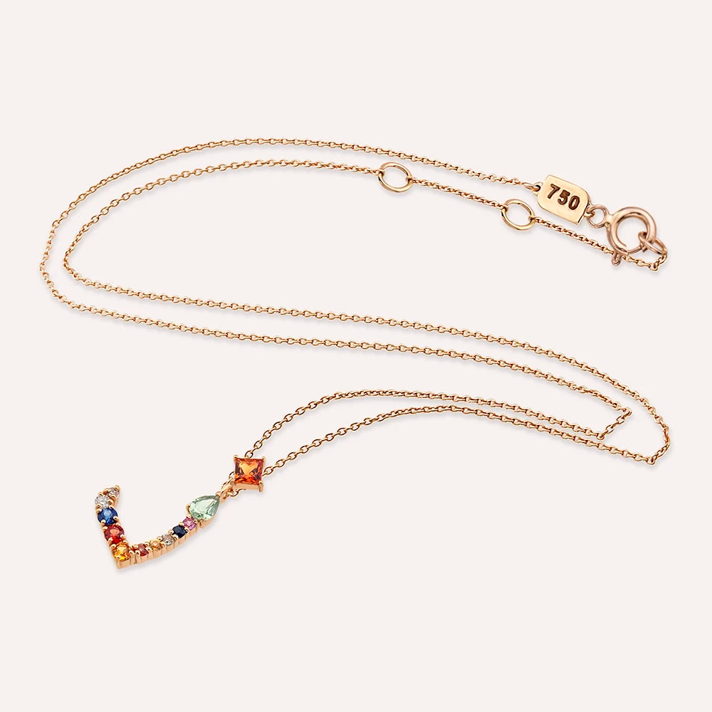 ذ Zel Harf 0.62 CT Pırlanta ve Multicolor Safir Taşlı Rose Altın Kolye