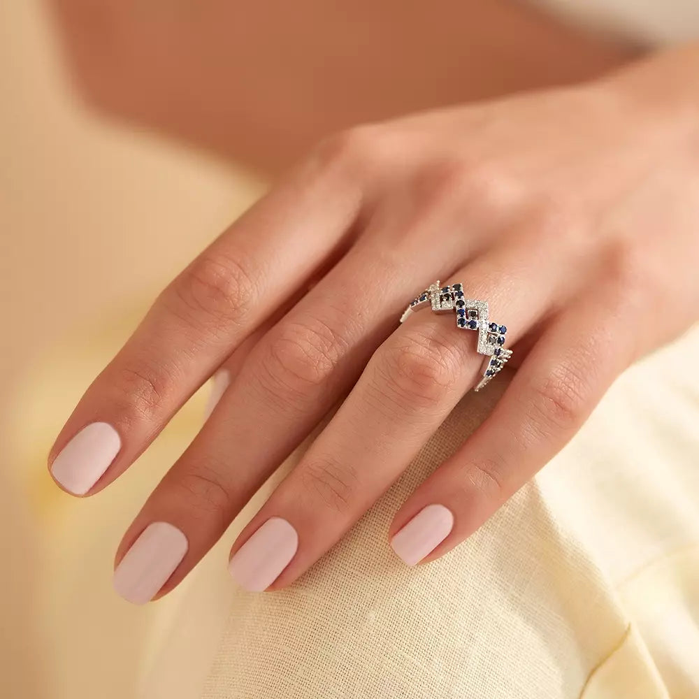 Zig Zag 1.49 CT Safir ve Pırlanta Taşlı Beyaz Altın Yüzük