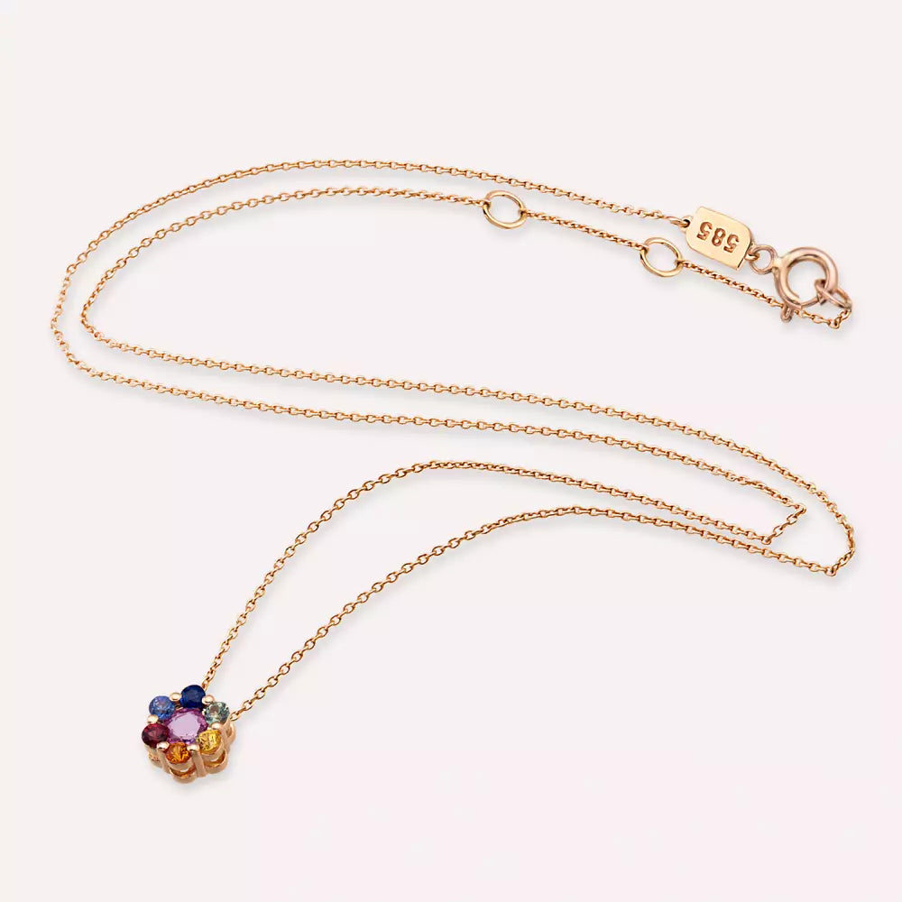 Flower Multicolor Safir Taşlı Rose Altın Kolye