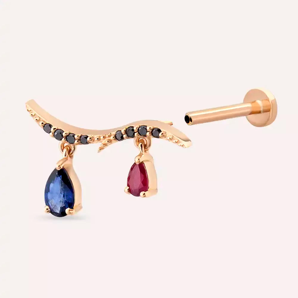 Ziva Siyah Pırlanta, Yakut ve Safir Taşlı Rose Altın Piercing