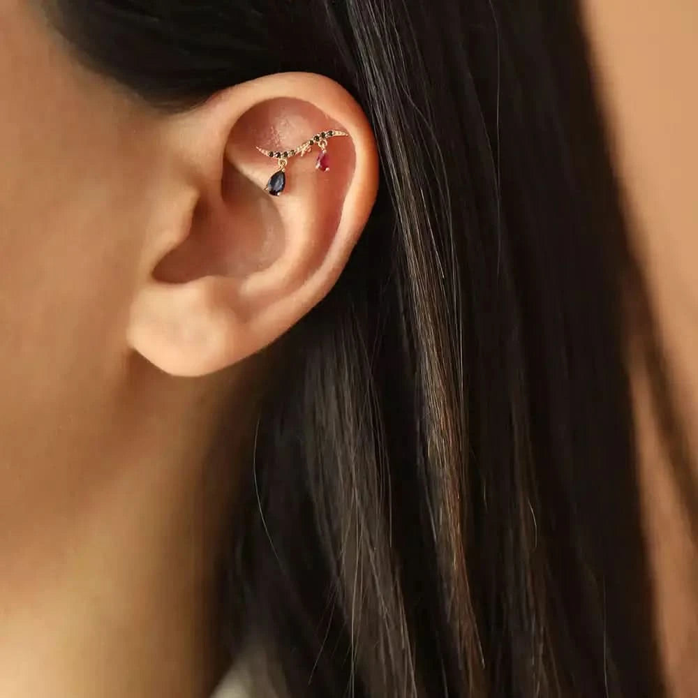 Ziva Siyah Pırlanta, Yakut ve Safir Taşlı Rose Altın Piercing