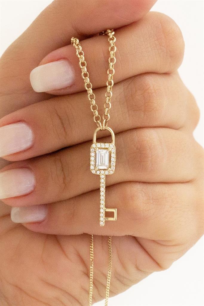 Gold Baguette Stone Key Necklace