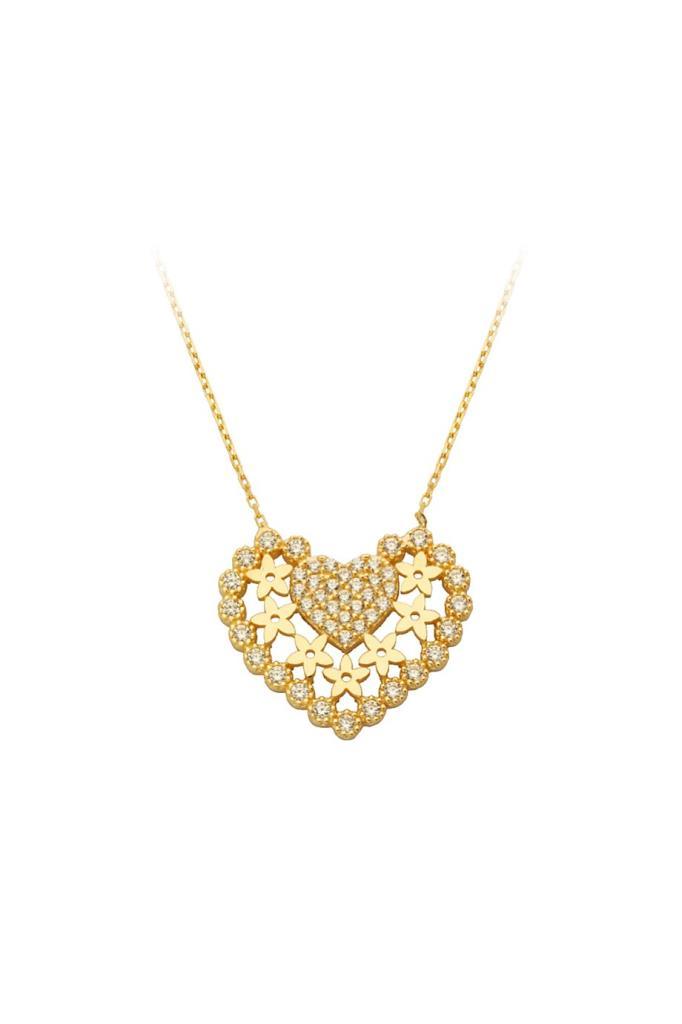 Heart Necklace With Gold Flower Motif