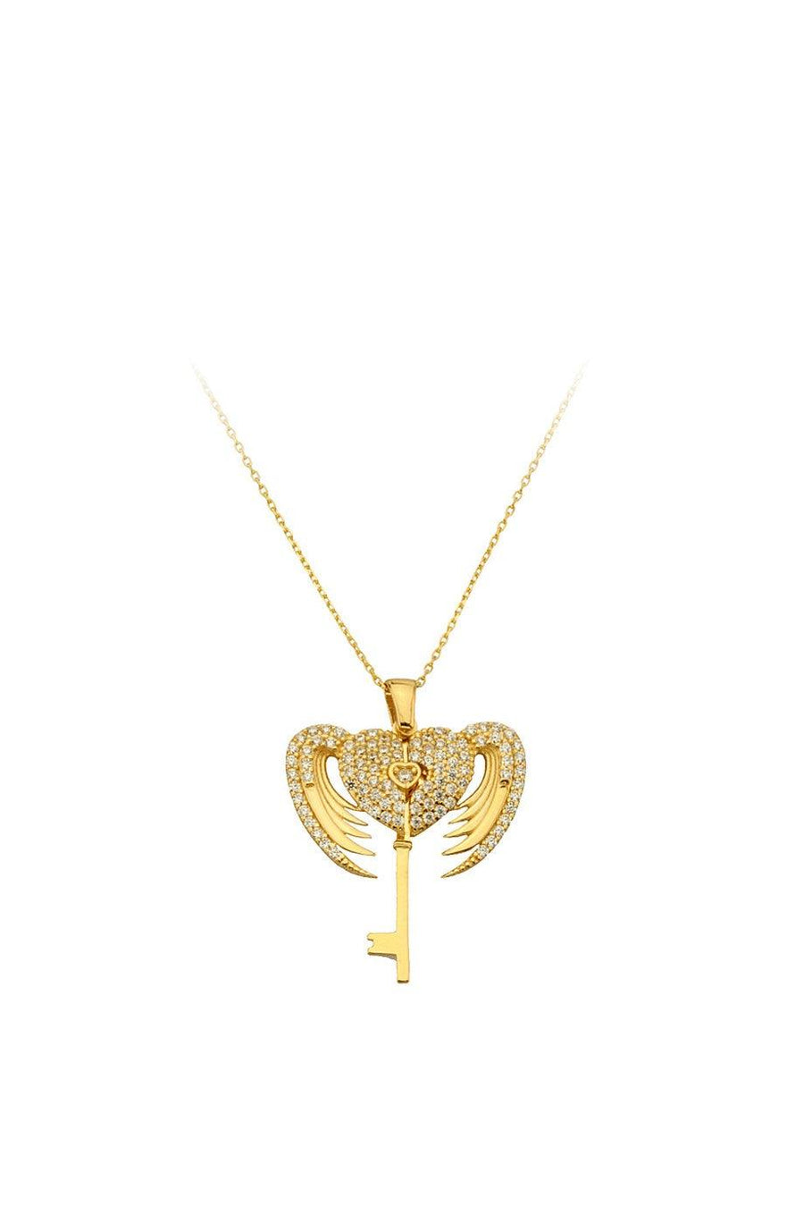 Gold Winged Heart Key Necklace