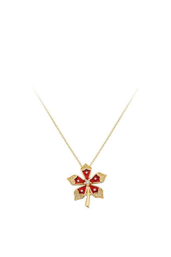 Golden Red Enamel Flower Necklace