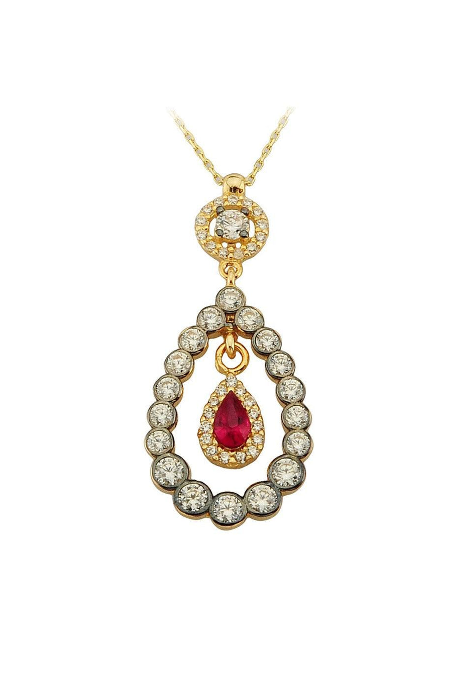 Gold Red Stone Drop Necklace