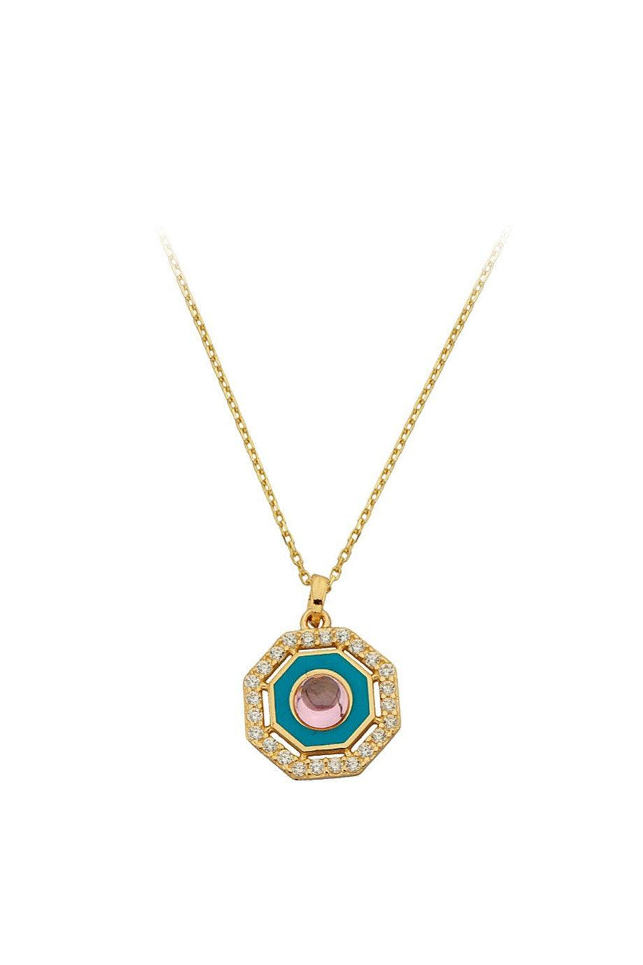 Pink Stone Necklace With Gold Enamel