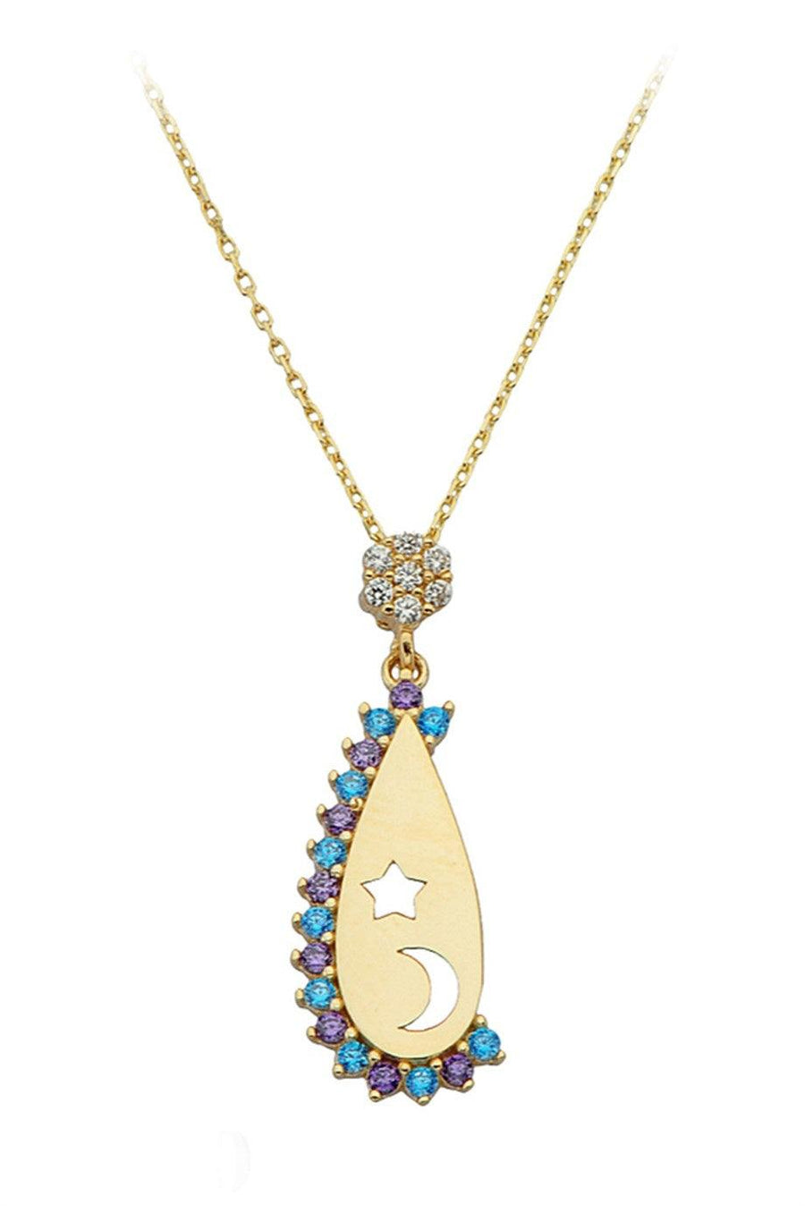 Gold Colorful Stone Moon Star Plate Necklace