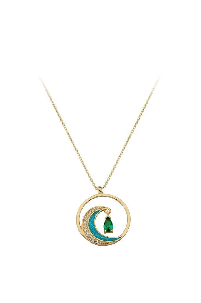 Golden Green Stone Ring Moon Necklace