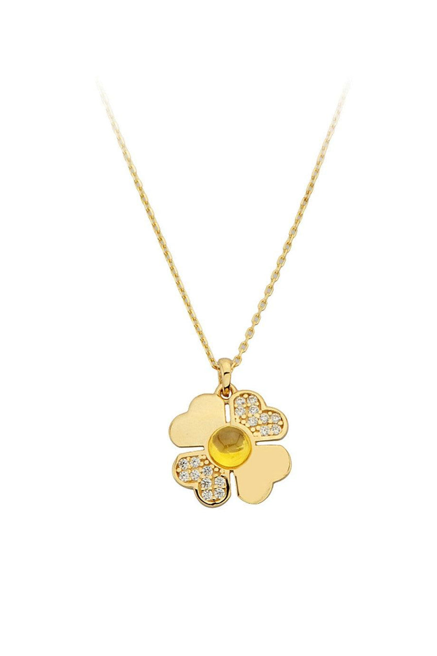 Golden Green Stone Heart Clover Necklace