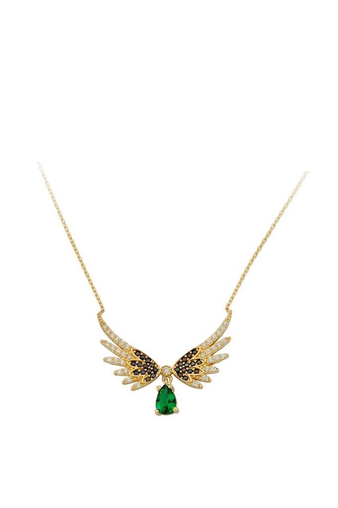 Golden Green Stone Winged Drop Necklace